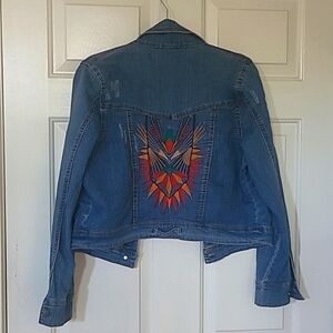 Unique Aztec print embroidered jean jacket